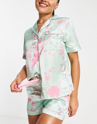 Liquorish satin blossom short pyjama set in mint and pink