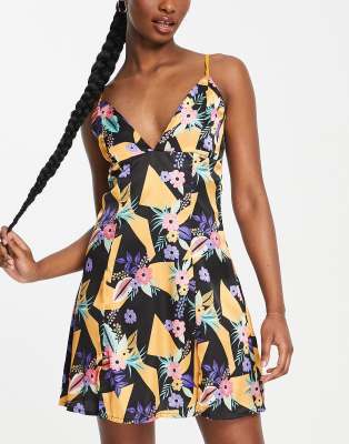 Liquorish Liquorish satin cami nightdress in tropical print-Navy