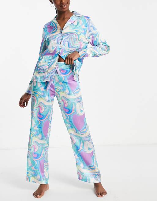 Liquorish satin long pajama set in pastel marble print