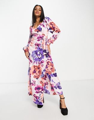 Liquorish Satin Maxi Dress In Overscale Floral Print-neutral