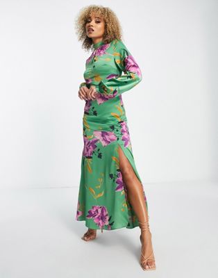 Liquorish satin maxi dress with collar detail in overscale green and purple floral
