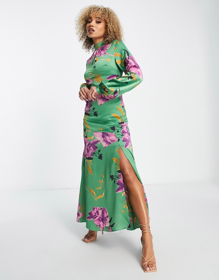 Liquorish satin maxi dress with collar detail in overscale green and purple floral-Multi