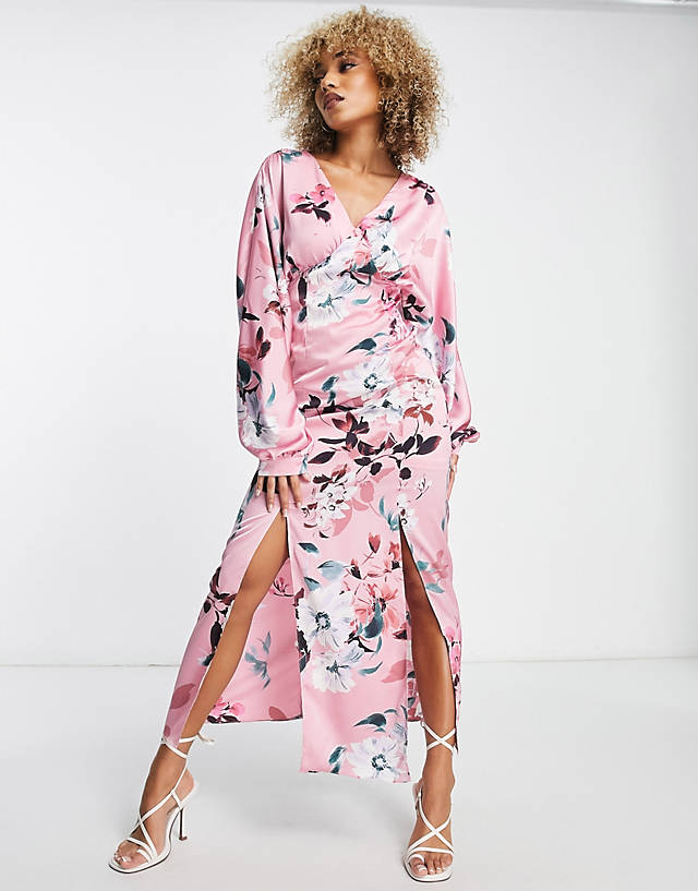 Liquorish - satin maxi dress with kimono sleeve in dusky pink floral