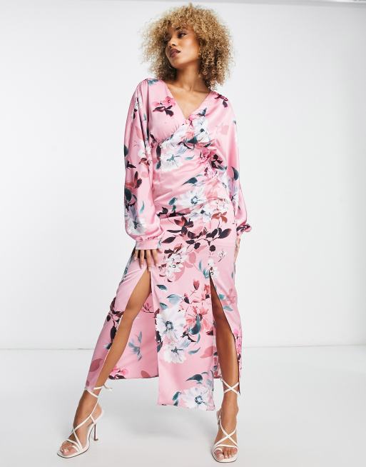 Liquorish satin maxi dress with kimono sleeve in dusky pink floral