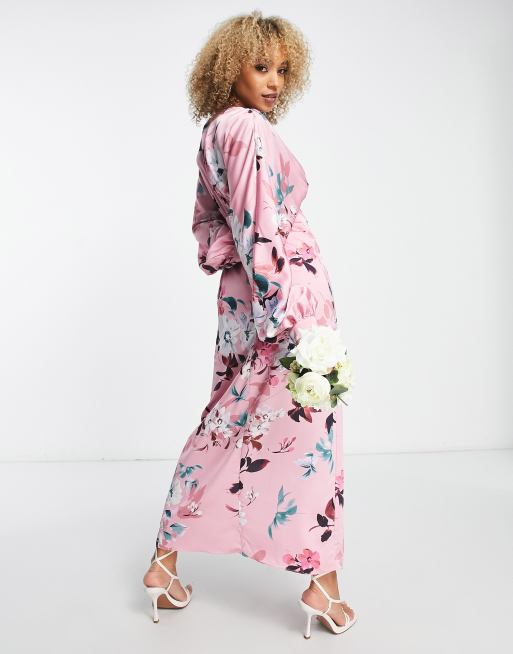 Liquorish satin maxi dress with kimono sleeve in dusky pink floral