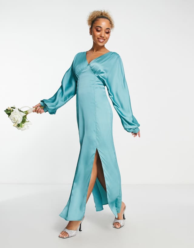 Liquorish satin maxi dress with kimono sleeves in dark sage