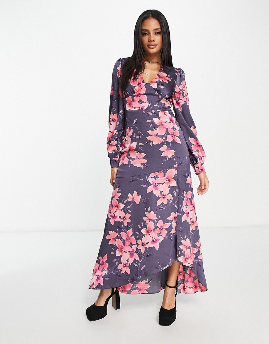 Liquorish satin maxi dress with slit in pink and dark gray floral
