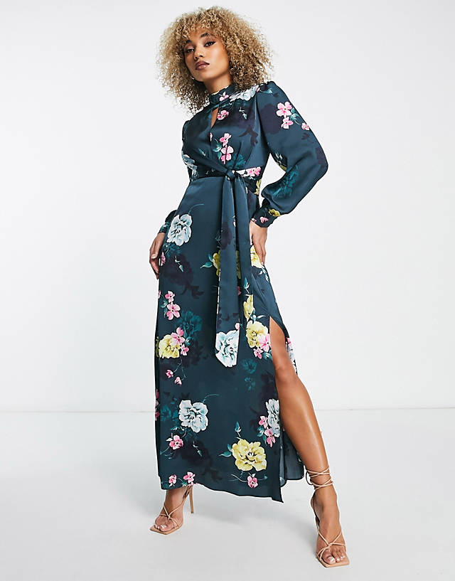 Liquorish - satin maxi dress with waist detail and keyhole front in teal floral