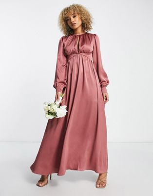 Liquorish satin maxi dress with waist detail and keyhole in forever rose