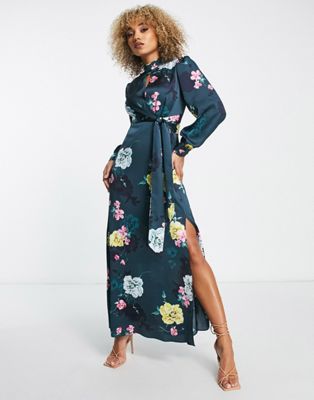 Liquorish satin maxi dress with waist detail and keyhole front in teal floral