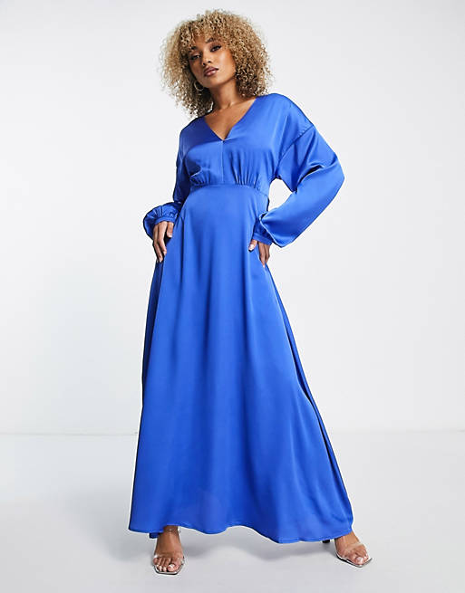 Liquorish satin maxi wrap dress with full skirt in cobalt blue | ASOS