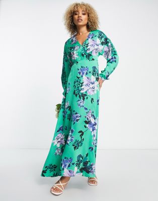 Liquorish Satin Maxi Wrap Dress With Long Sleeves In Green Floral