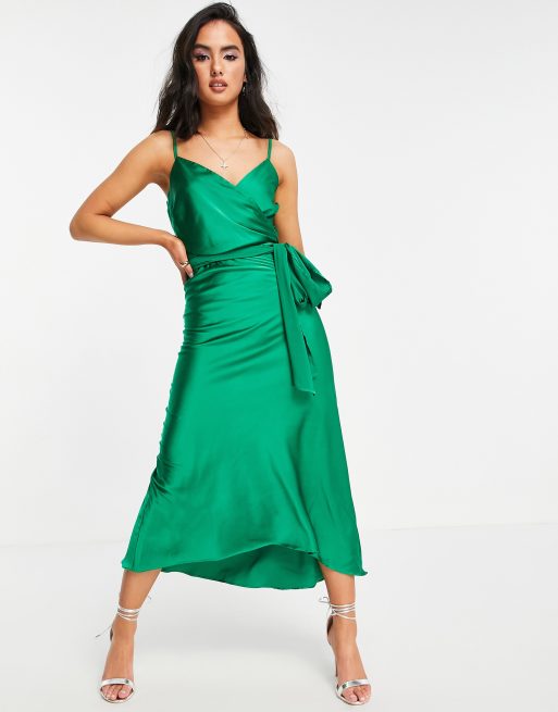 Liquorish satin midi cami dress in green | ASOS