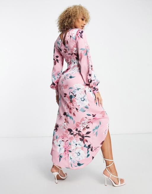 Liquorish satin midi wrap dress with hi low hem in dusky pink floral