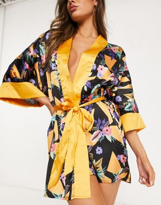 Liquorish satin robe in tropical print