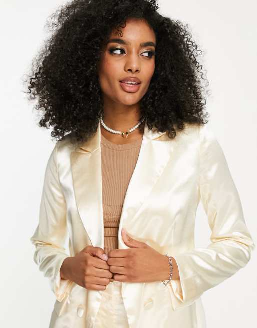 Liquorish satin tailored double breast blazer in ivory co ord | ASOS