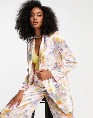 Liquorish satin tailored double breast blazer in soft washed pastel floral co ord