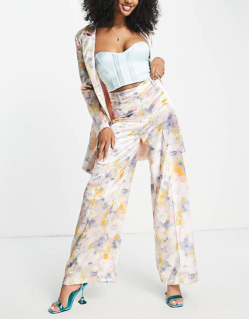 Liquorish satin tailored pants in soft washed pastel floral (part of a set)