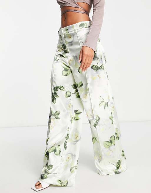 Liquorish satin tailored pants with white rose print in green (part of a set)
