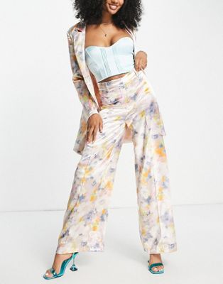 Liquorish satin tailored trouser in soft washed pastel floral co ord
