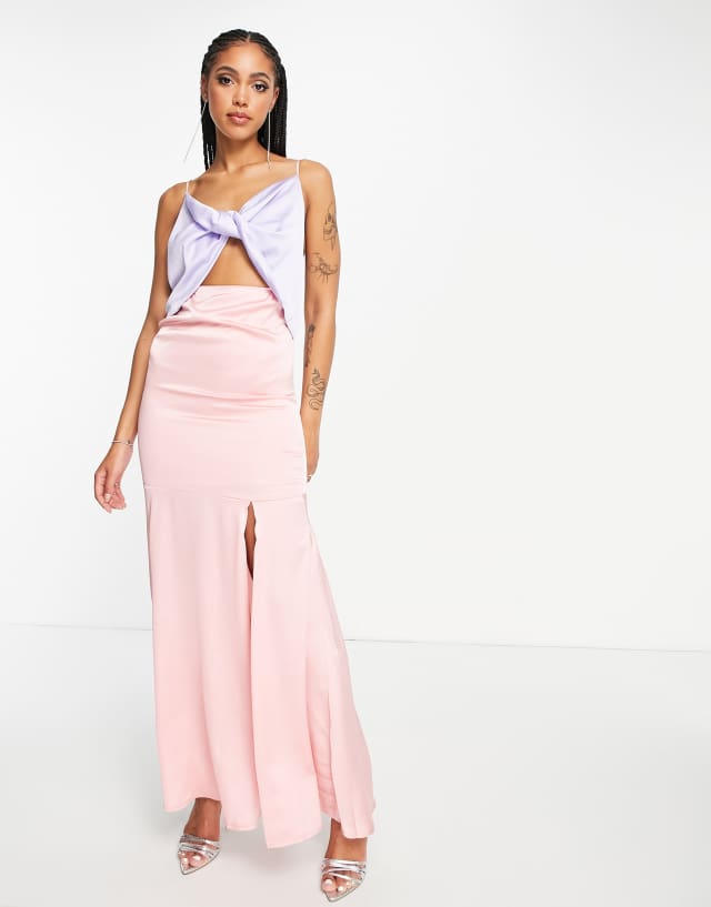 Liquorish satin twist front maxi dress with split color block blue and pink