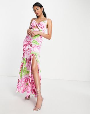 Liquorish satin twist front maxi dress with split in green and pink floral print