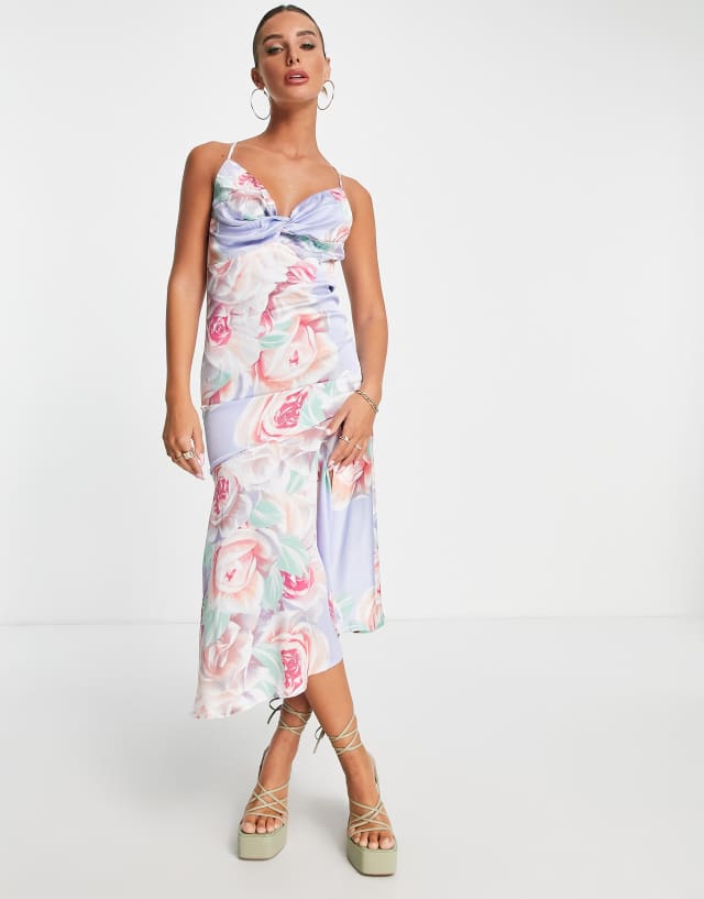 Liquorish satin twist front midaxi dress in blue floral