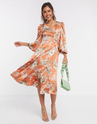 orange floral satin dress