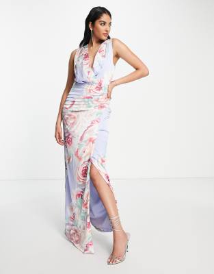 Liquorish Liquorish satin wrap front maxi dress in blue floral-Multi