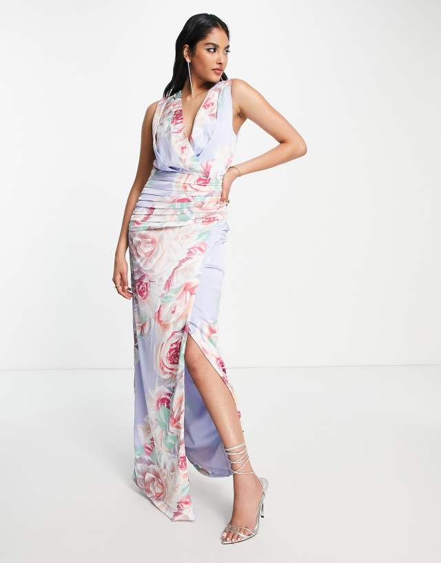 Liquorish satin wrap front maxi dress in blue floral