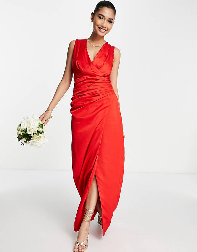 Liquorish - satin wrap front maxi dress in red