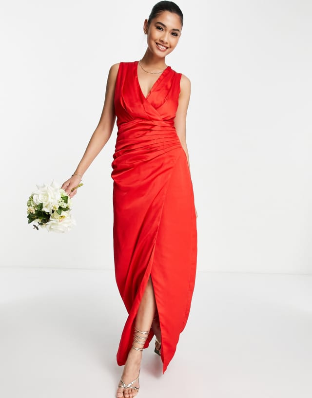 Liquorish satin wrap front maxi dress in red