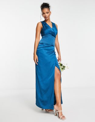 Liquorish Liquorish satin wrap front maxi dress in teal blue - DGREEN