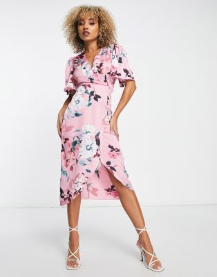 Liquorish Satin Wrap Front Midaxi Dress In Dusky Pink Floral