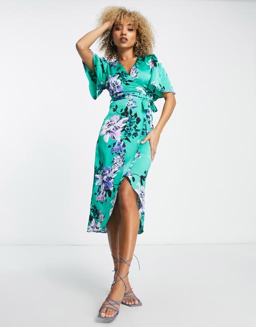 Liquorish satin wrap front midaxi dress in sage floral print | ASOS