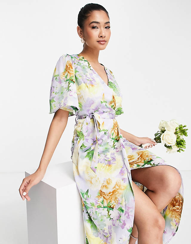 Liquorish - satin wrap front midaxi dress in soft pastel floral