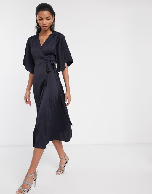 Liquorish satin wrap front midi dress with flutter sleeves in navy | ASOS