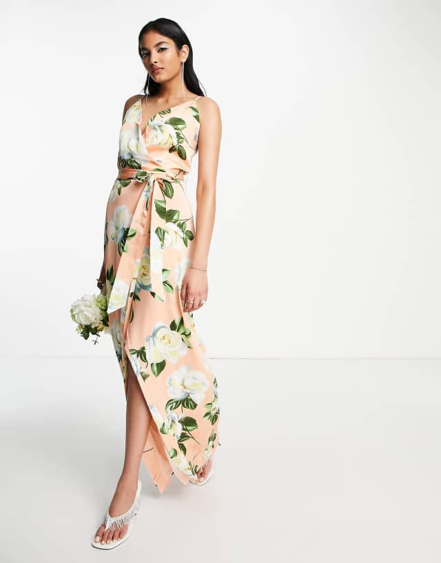 Liquorish satin wrap maxi dress with belt in peach rose print