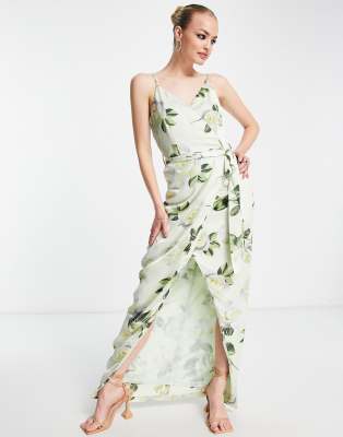 Liquorish satin wrap maxi dress with belt in soft green floral-Pink