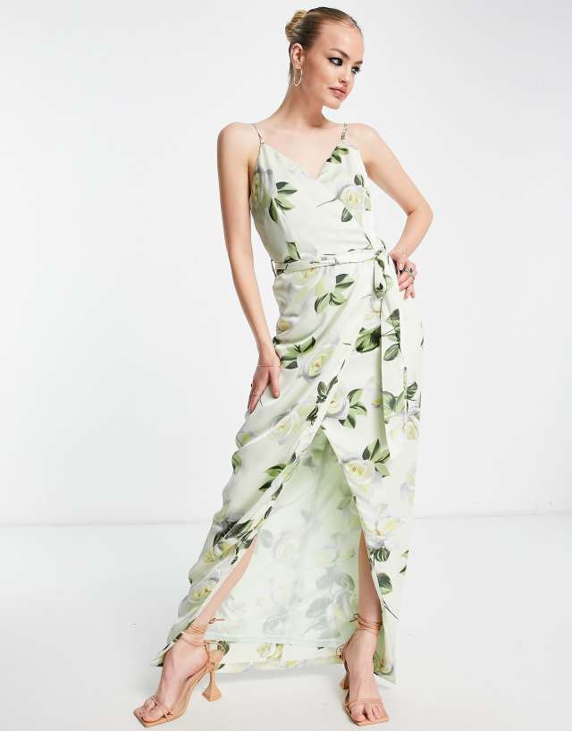 Liquorish satin wrap maxi dress with belt in soft green floral