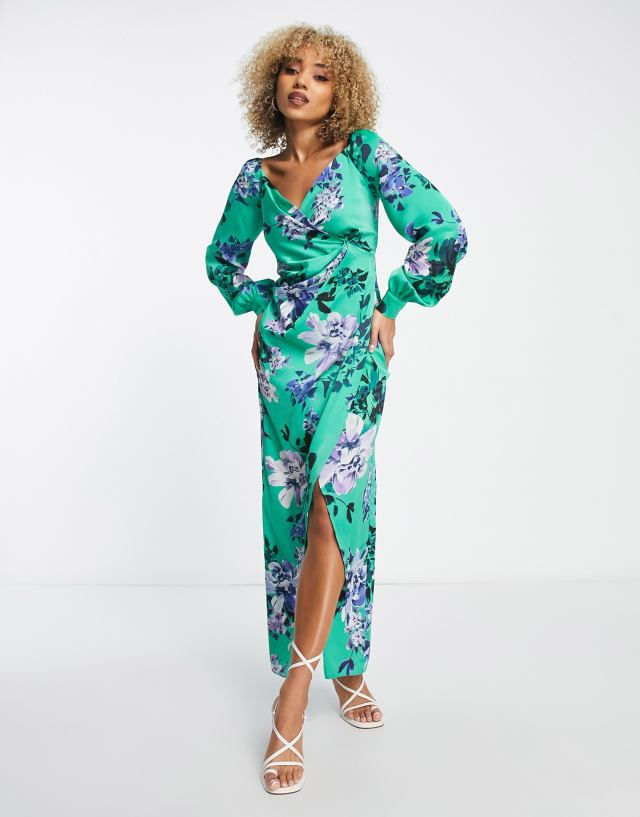 Liquorish satin wrap maxi dress with blouson sleeve in green floral print