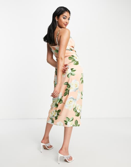 Liquorish satin wrap midi dress in peach rose print