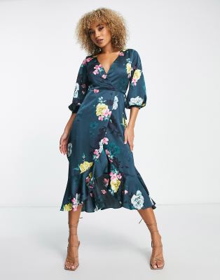 Liquorish Liquorish satin wrap midi dress with puff sleeve in black floral