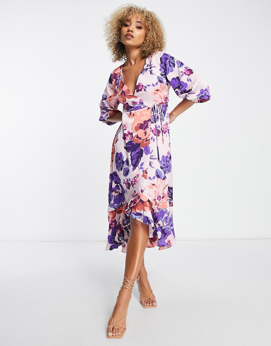 Liquorish satin wrap midi dress with puff sleeve in overscale floral print-Neutral