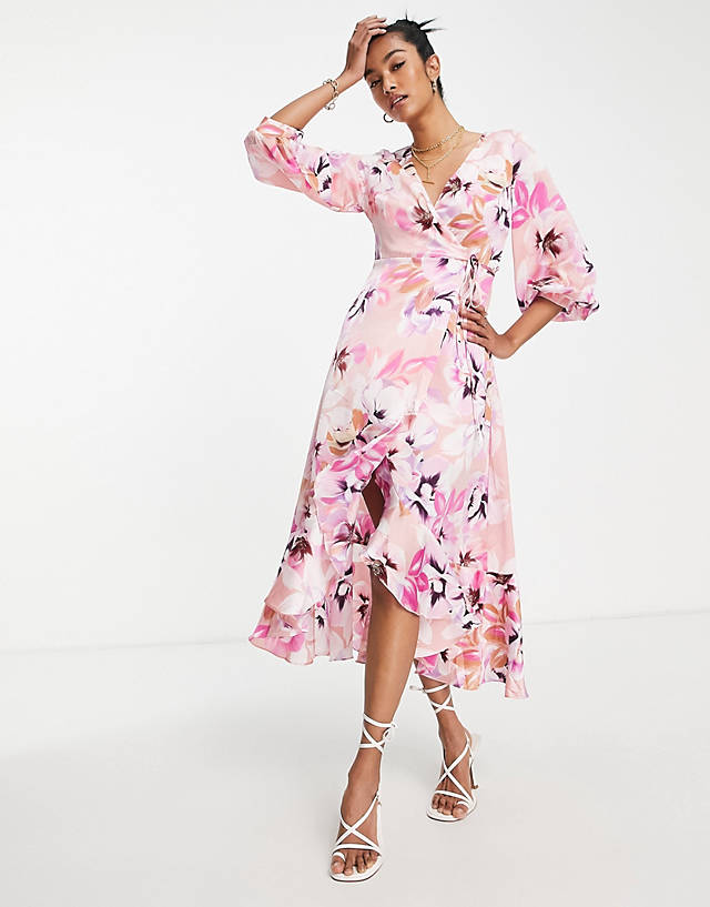 Liquorish - satin wrap midi dress with puff sleeve in pastel floral print