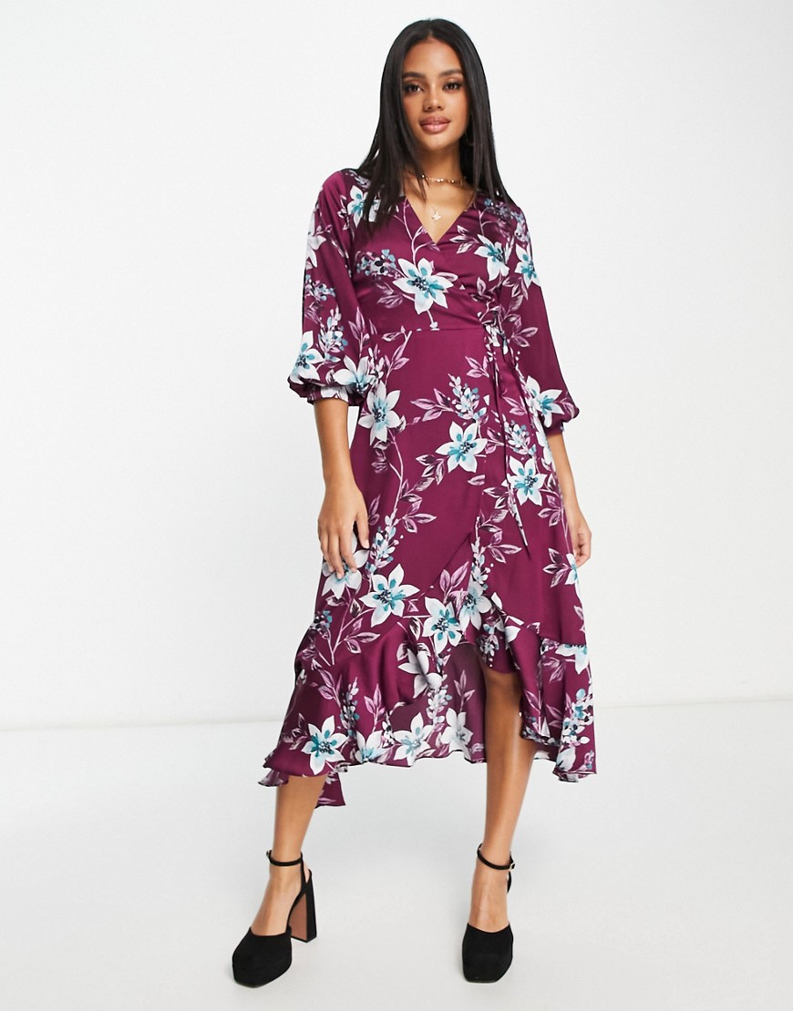 Liquorish satin wrap midi dress with puff sleeve in wine placement floral-Red