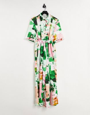Liquorish shirt jumpsuit with wide legs in abstract print