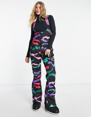 Liquorish Ski waterproof bib overalls in abstract multi color print