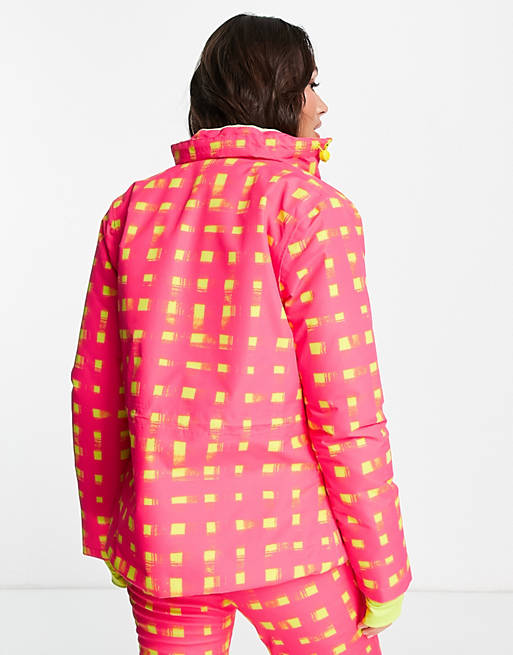 Liquorish SKI waterproof jacket in bright pink check | ASOS