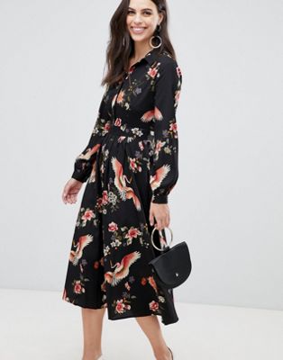 Liquorish – Skjortklänning i midilängd med plisserad kjol och blommigt mönster-Svart
